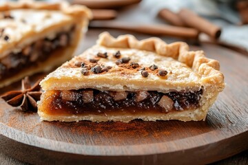 Delicious spiced quince pie on a wooden table Close up