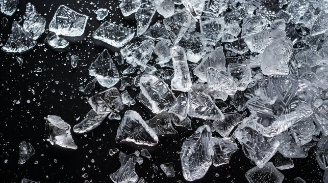 Ice, crushed on a black background. Pieces of crushed ice spread away. Crushing of the ice.