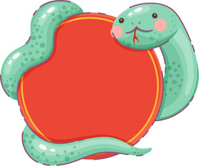 Cute cartoon green snake wrapped around a round red banner with golden trim, symbolizing good luck and prosperity. Vector playful and festive cultural decorations for Chinese lunar new year 2025