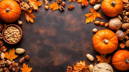 Autumn Harvest With Pumpkins and Nuts on Rustic Background