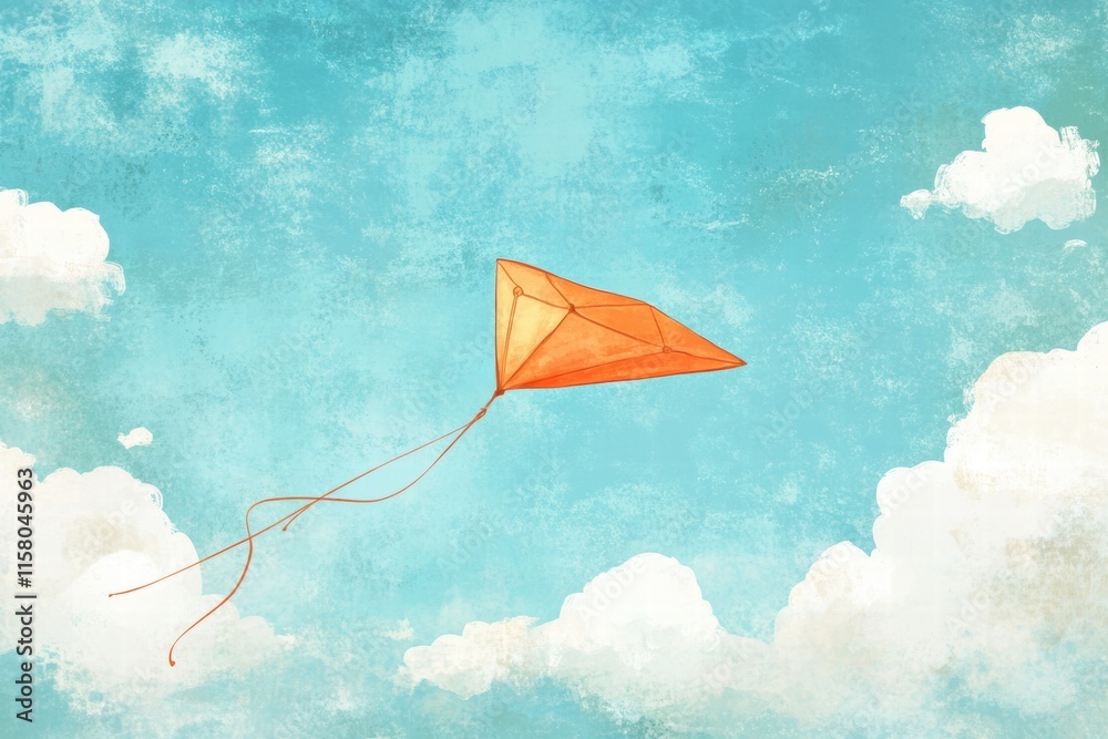 Poster bright orange kite soaring through a cheerful sky with fluffy white clouds during a sunny day. gener