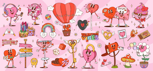 Cartoon groovy valentine characters and symbols. Vector set of hearts, love messages, balloons, gifts and playful retro personages at pink spiral background. Patches for romantic and festive decor