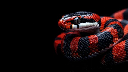 A red and black snake is shown in a black background