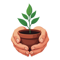 A flat vector illustration isolated on a white backdrop shows two hands holding a young green plant in a container, delivering the plant seeds to the small plant. 
