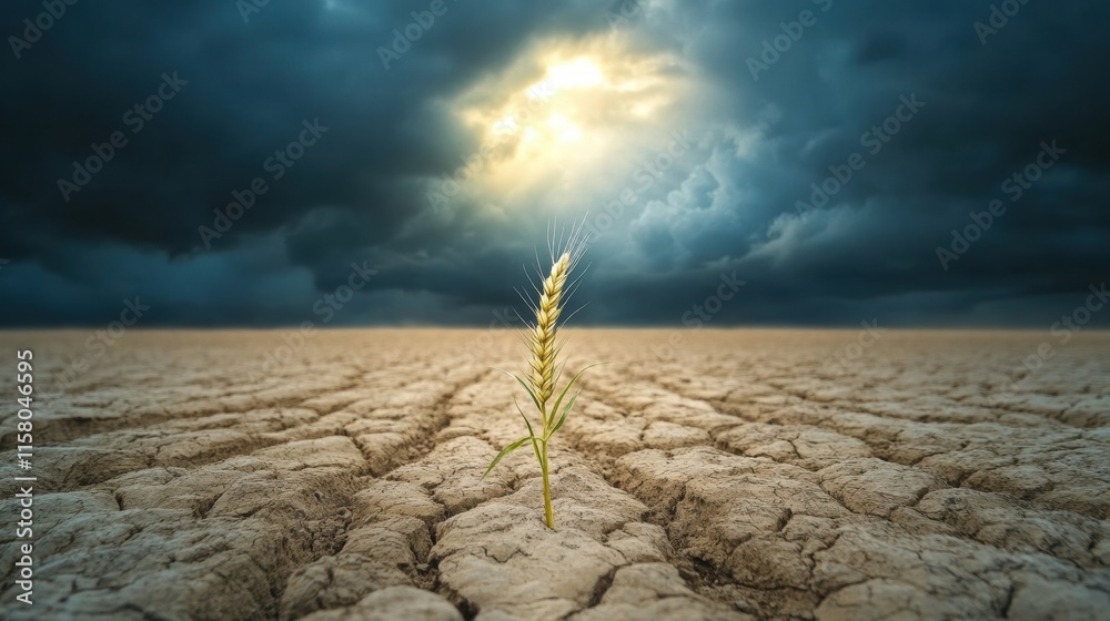Poster barren field showcases a single withered wheat stalk against a dramatic cloudy sky. generative ai