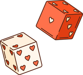 Cartoon groovy Valentine dices with heart dots. Isolated vector vintage retro hippie craps. Cubes for generating random numbers in board, role playing and gambling games, marked with pips on each side
