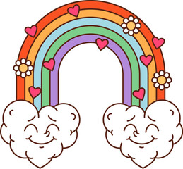 Cartoon groovy Valentine Day rainbow with clouds, hearts and daisy flowers. Isolated vector retro, hippie heavenly arch in bright colors, evoking romantic and magic vibes. Symbol of love and wonder
