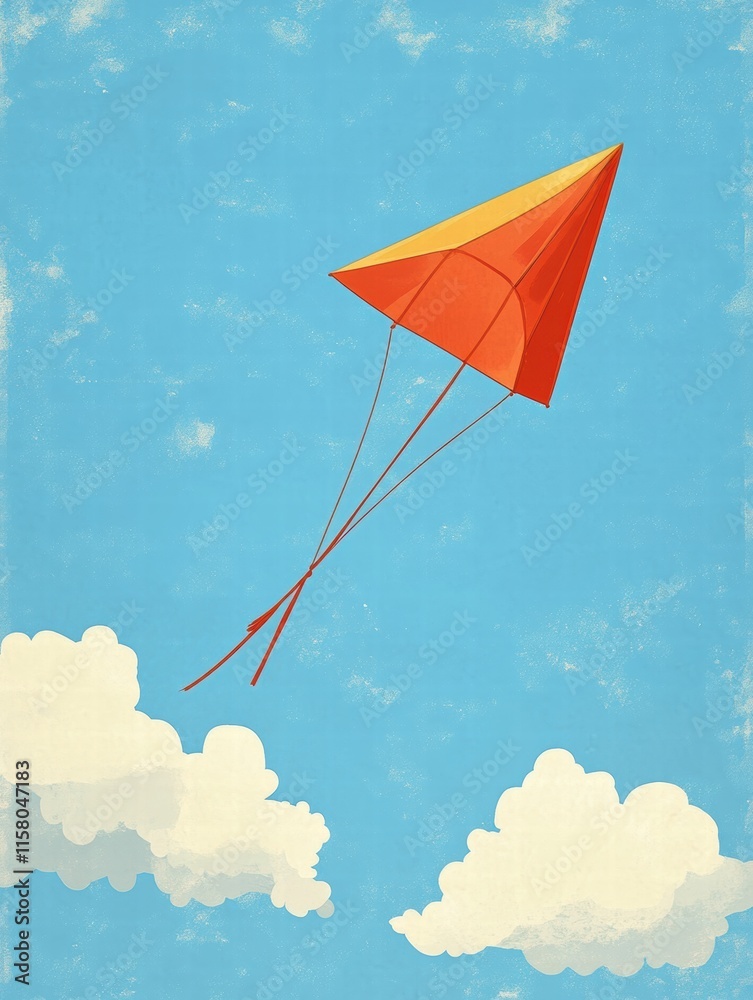 Poster kite soaring high in a bright blue sky with fluffy clouds and room for text or creative mock up. gen