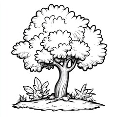 Cartoon tree illustration, black and white.