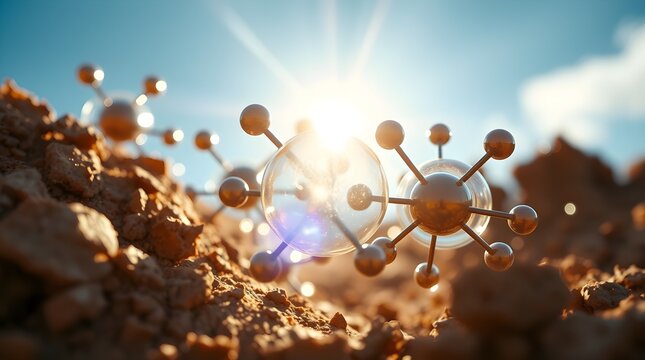 Transparent glass atoms against a blue background showcasing beauty tech innovat in dynamic motion, representing beauty tech innovation