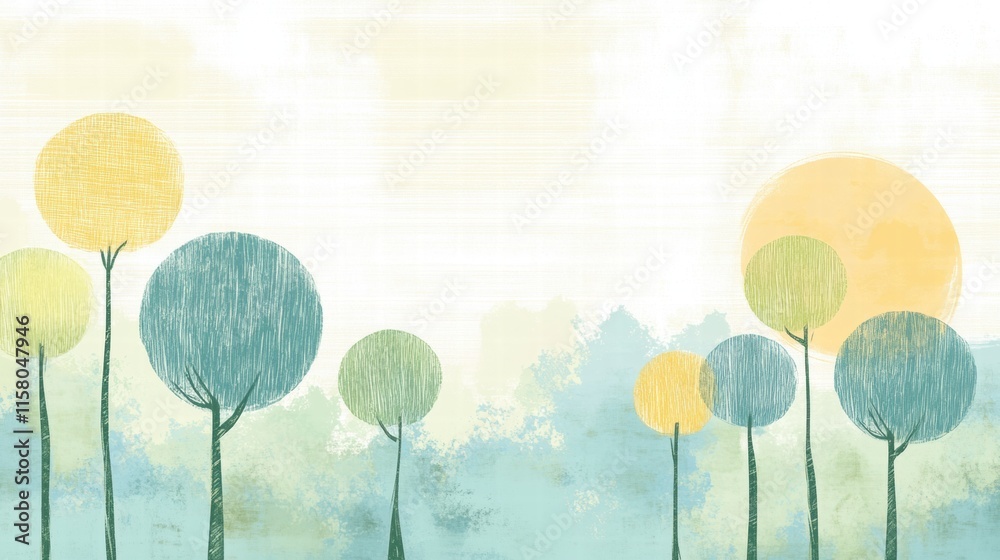 Fototapete naive art style illustration featuring whimsical trees and soft colors for text display and creative