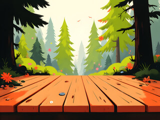 Wood table top on blur pine forest outdoor background.