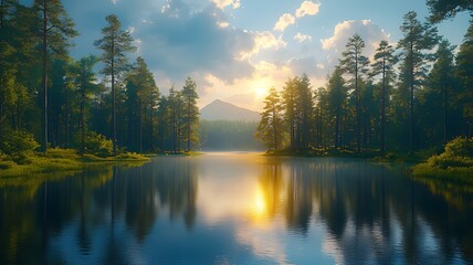 Fototapeta premium Serene sunrise over a calm lake in a pine forest with mountain view.