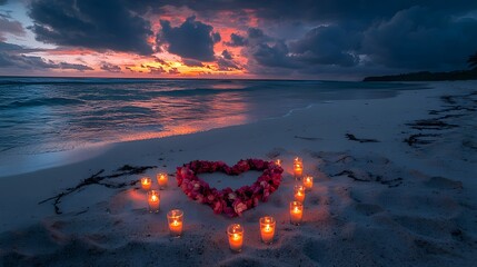 Romantic Sunset Beach Wedding Proposal Tropical Shoreline Photography Tranquil Atmosphere Heart-Shaped Arrangement of Roses