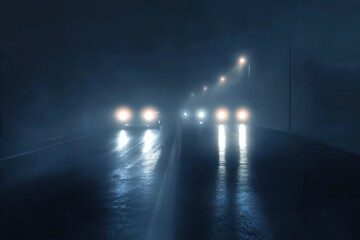 Bright car lights streaking through a dark night road with plenty of copy space for text or messages. Generative AI