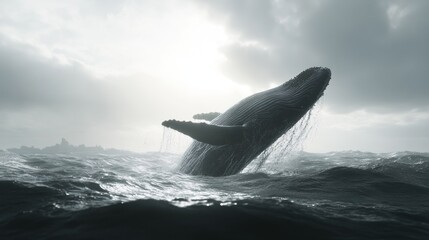 Fototapeta premium Humpback whale breaching ocean waves, dramatic sky.