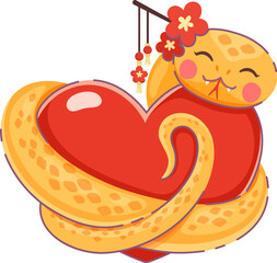 Cartoon valentines day Asian snake with love heart. Cute vector reptile, serpent snake with a floral accessory wraps around red heart, conveys warmth, passion and positivity for festive romantic event