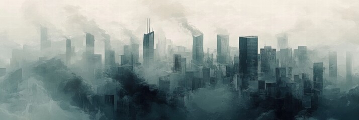 Dense smog blankets urban skyline casting ominous ambiance over city landscape. Generative AI