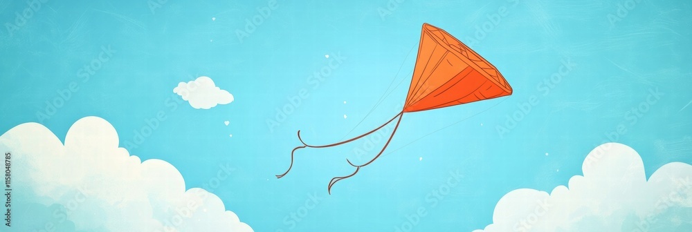 Poster playful orange kite soaring in a bright blue sky with fluffy clouds and ample space for creative tex