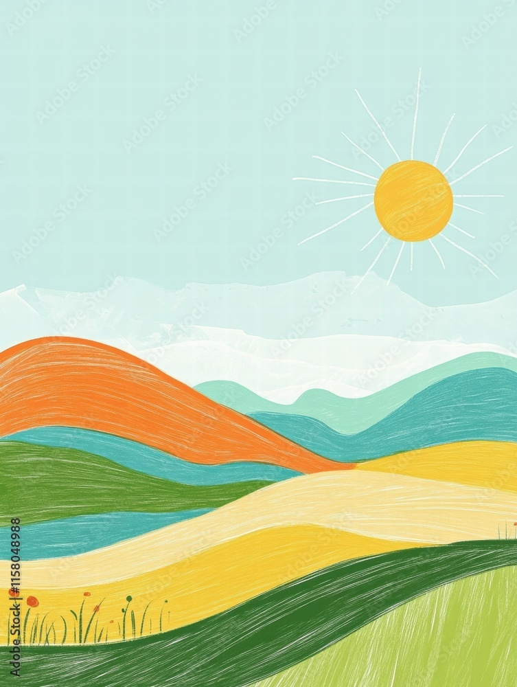 Poster Naive art style landscape with vibrant colors and clear space for text in a sunny setting. Generative AI