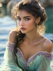 Woman in Soft Green & Lavender Dress by Water with Romantic Look & Natural Light