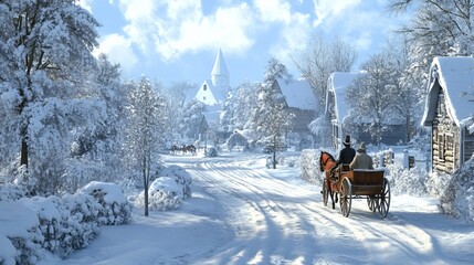 A horse-drawn carriage ride through a snow-covered holiday town