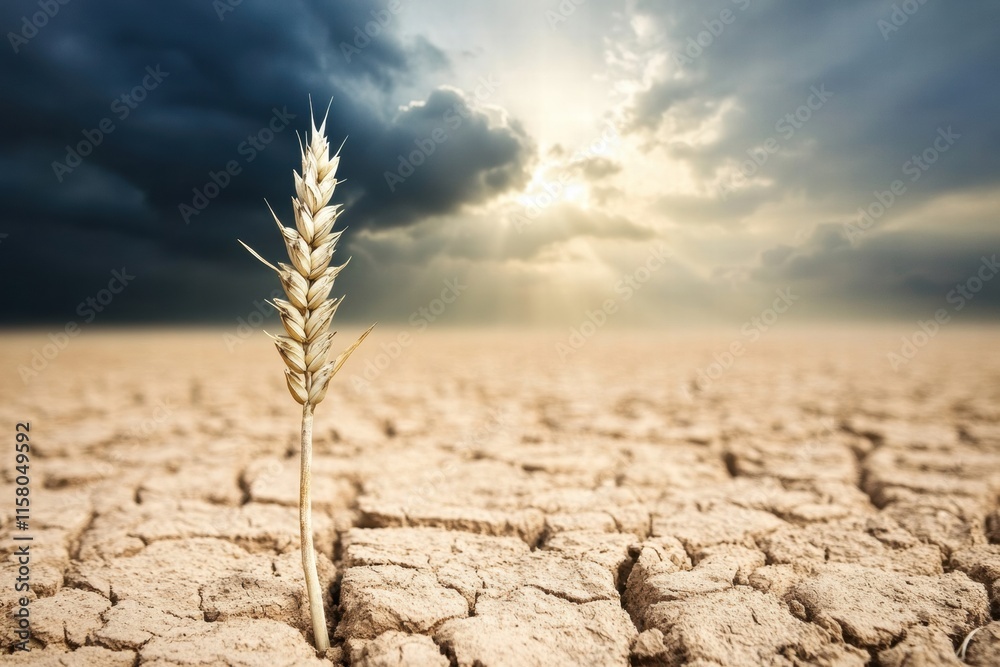 Poster withered wheat stands alone in a dry barren field under a dramatic sky. generative ai