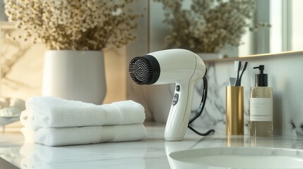 White hair dryer on marble bathroom counter with folded towels and toiletries.