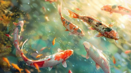 Colorful Koi Fish Swimming in a Sunlit Pond