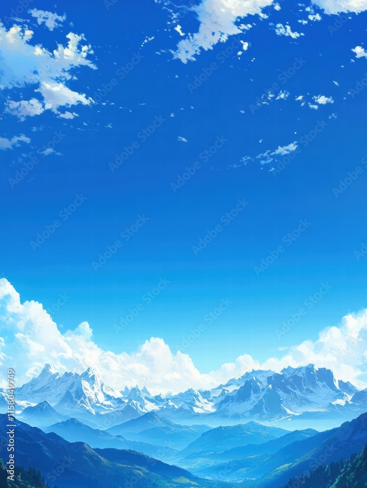 Poster Majestic mountain peaks under a bright blue sky with clear space for text and mock up presentation. Generative AI