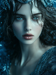 Mysterious Woman in Blue Fantasy Outfit with Wet Hair & Intense Eyes in Moody Light