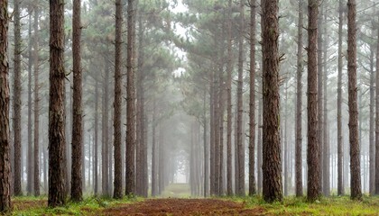 Obraz premium Towering Pine Trees in a Foggy Commercial Forestry Plantation