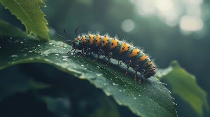 Naklejka premium Colorful caterpillar crawling on a dewy green leaf.