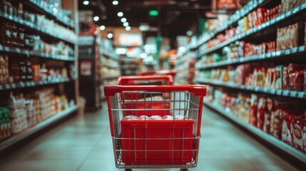 Red Shopping Carts in Supermarket Aisles: A Glimpse into Daily Grocery Shopping