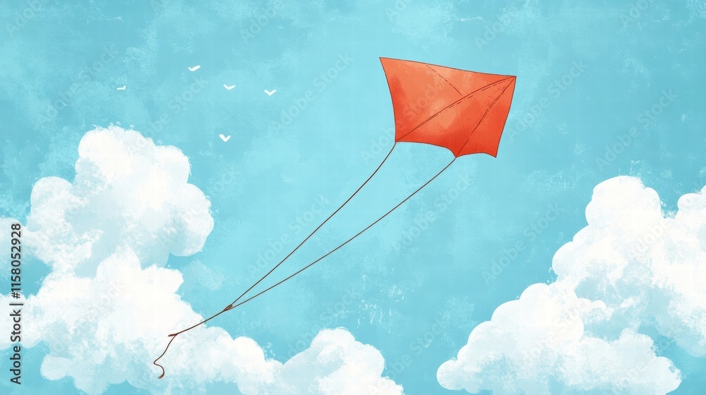 Poster colorful kite soaring in a bright sky filled with fluffy clouds and gentle birds during a sunny day.
