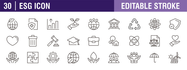 Collection of ESG icons. Environmental, Social, Governance. Vector design template, signs, symbols, editable stroke.