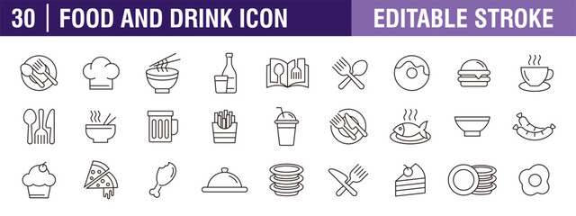 Collection of food and drink icons. Breakfast, juice, fast food, restaurant. Vector design template, signs, symbols, editable stroke.