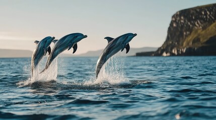 Fototapeta premium Three Dolphins Leap Joyfully in the Ocean near a Majestic Cliff