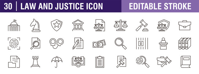 Collection of justice icons. Law, firm, criminal, court. Vector design template, signs, symbols, editable stroke.
