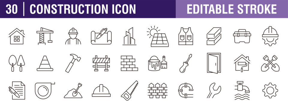Collection of construction icons. Engineering, tools, work, manufacturing. Vector design template, signs, symbols, editable stroke.