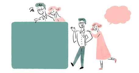 男性と女性の全身イラストとフリップボードを見て不安な表情のイラストのセット