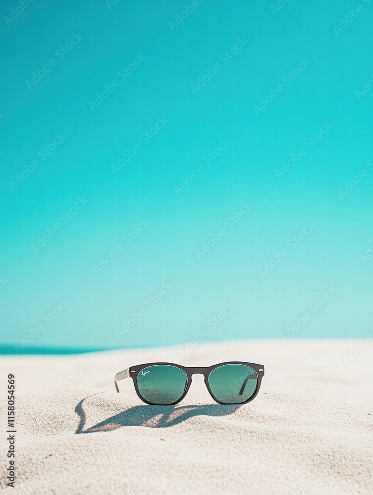 Aufkleber Sunglasses resting on sandy beach with clear blue sky and calm ocean in the background inviting relaxation and summer vibes. Generative AI