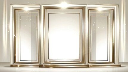 Three elegant gold frames on podiums with glowing lights, perfect for awards, presentations, or product displays.