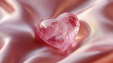 Heart-shaped pink crystal resting on soft satin fabric for Valentine's Day. 