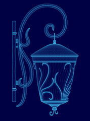 Blue lamp with a trim is shown in a blue background. The lamp is a decorative piece that adds a touch of elegance to the room