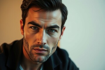 Obraz premium Close-Up Portrait of a Confident Man with Intense Gaze in Soft Lighting