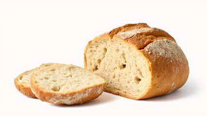 Naklejka premium Freshly Baked Artisan Bread Loaf with Slices on a Clean Background