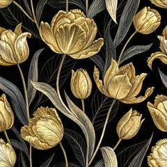 Golden Tulip Floral Seamless Pattern, Fabric texture and Textile pattern on Black Background