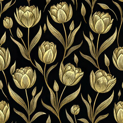 Golden Tulip Floral Seamless Pattern, Fabric texture and Textile pattern on Black Background