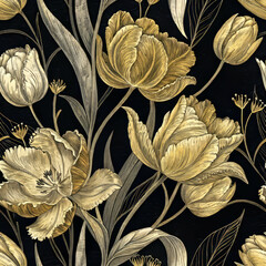 Golden Tulip Floral Seamless Pattern, Fabric texture and Textile pattern on Black Background